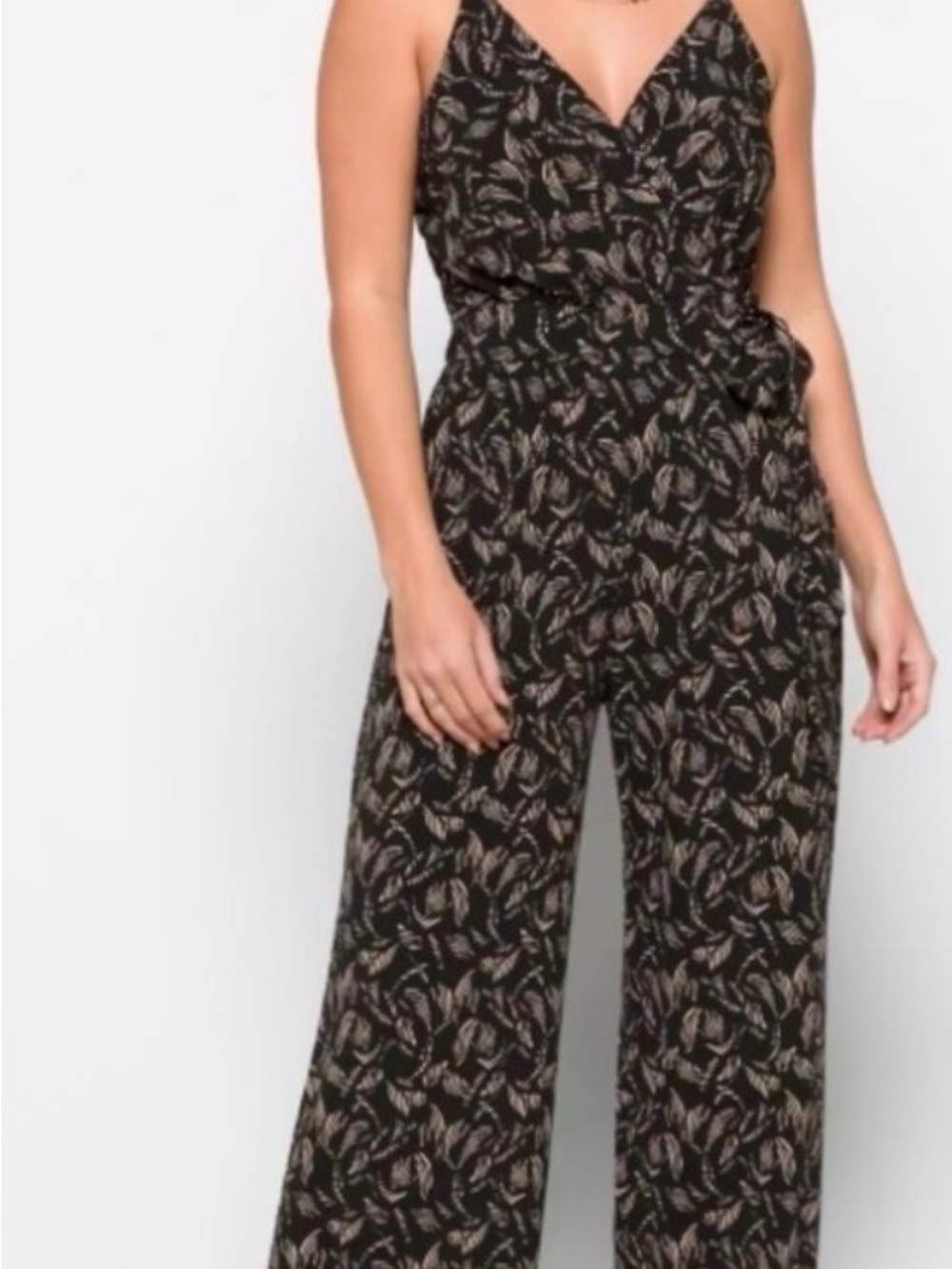 Kaileigh Black Jumpsuit with Cream Leaf Motif
